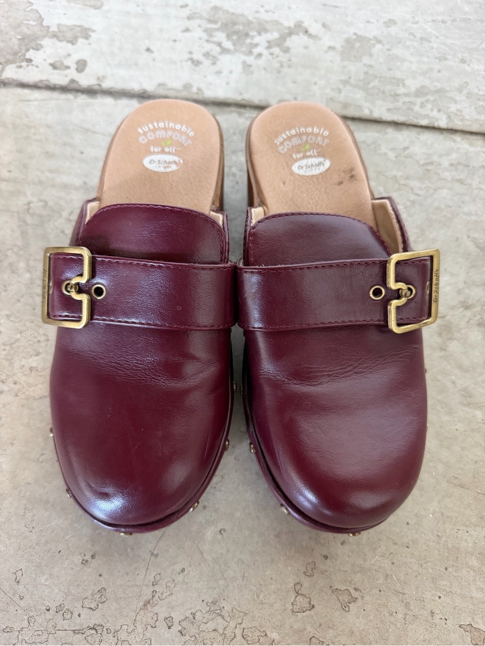 Dr. Scholl's Burgundy Leather Buckle Clog Mules with Gold Hardware
